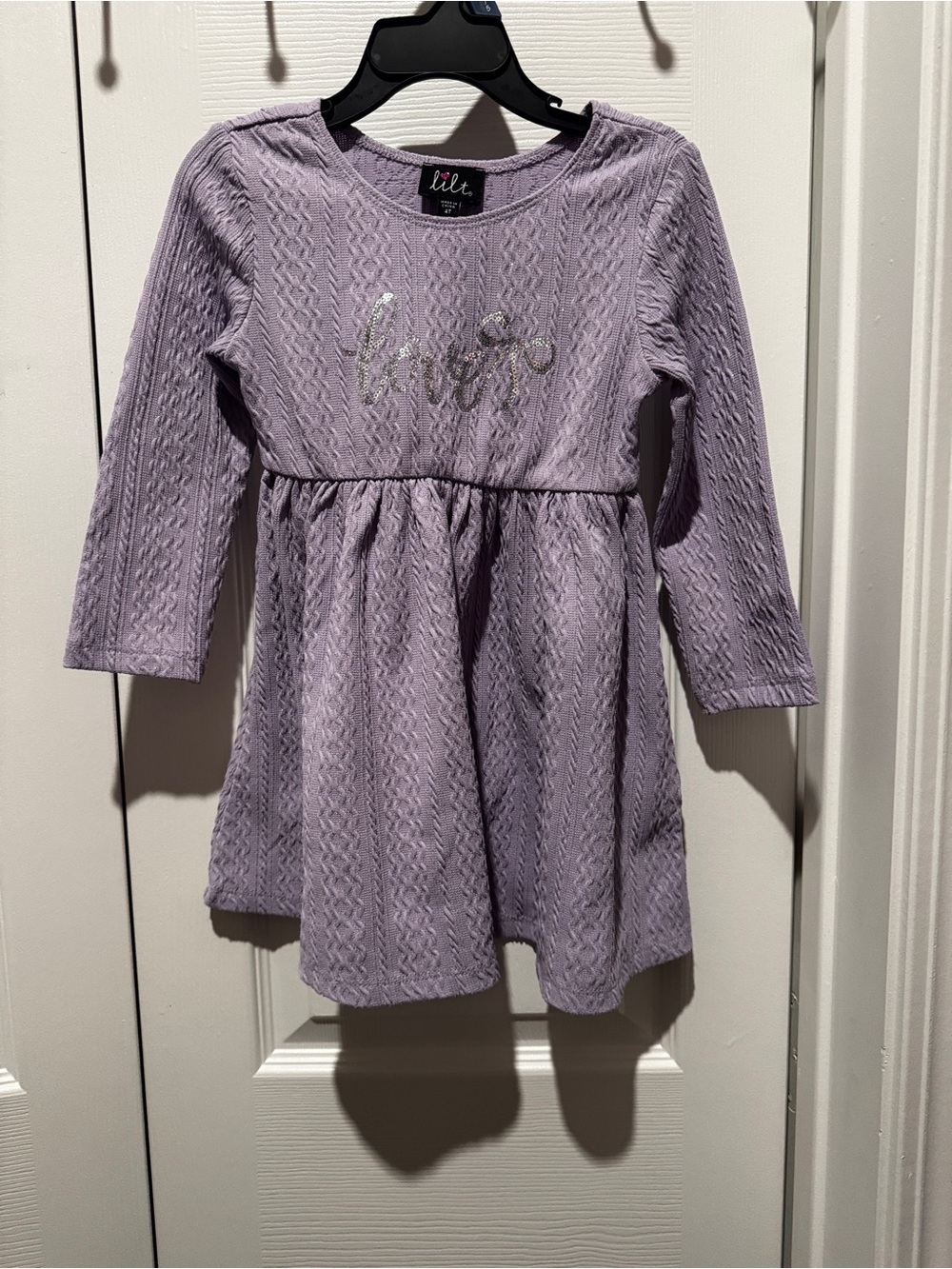 lilt Girls' Lavender Knit Long-Sleeve Gathered Dress with Glitter Script